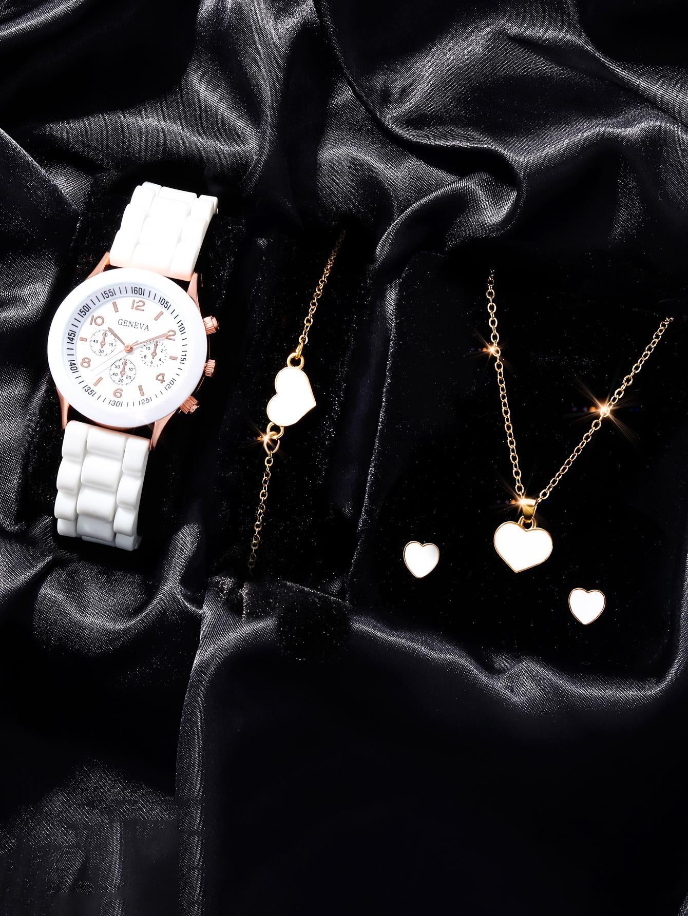 5Pcs Cute Silica Gel Quartz Girls Watch Necklace Bracelet Earrings Jewelry Set Girl Gift Halloween Gift Christmas Carnival School Life