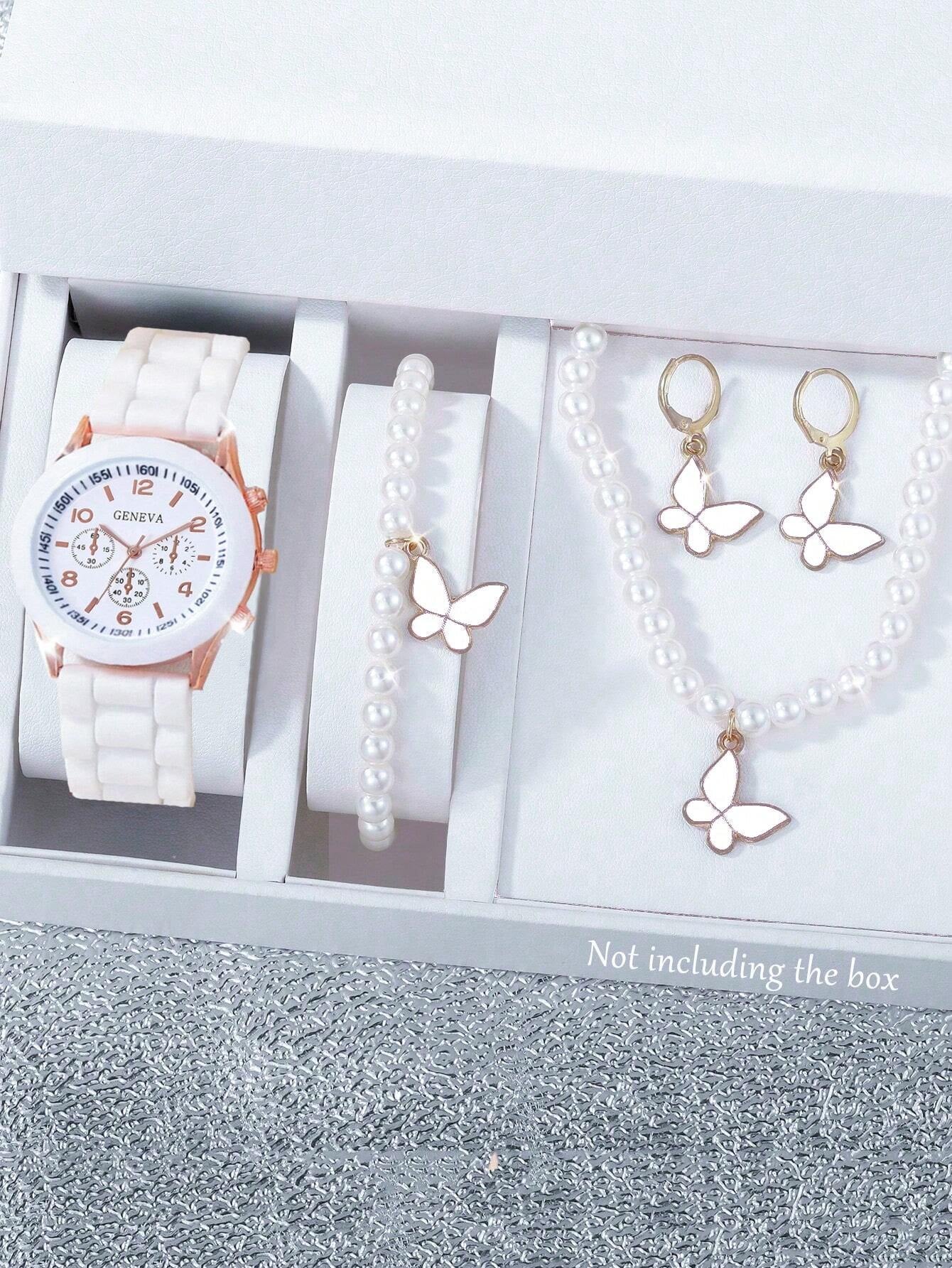 5Pcs Cute Silica Gel Quartz Girls Watch Necklace Bracelet Earrings Jewelry Set Girl Gift Halloween Gift Christmas Carnival School Life