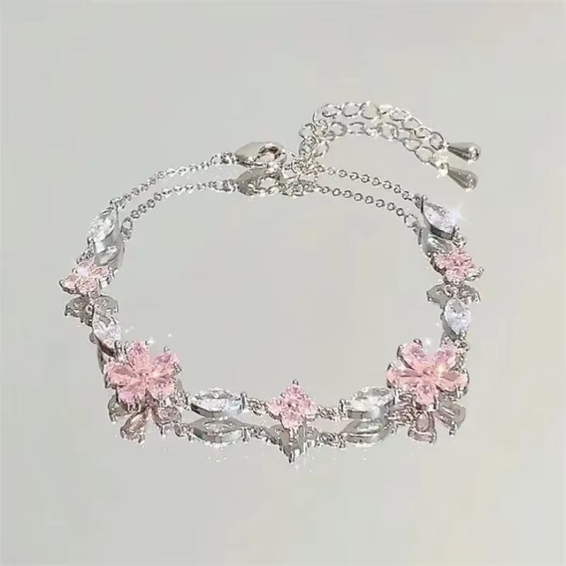 Shiny Pink Crystal Cherry Blossom Bracelets for Women Girls Sweet Moon Bow Flowers Zircon Bracelet Party Aesthetic Egirl Jewelry