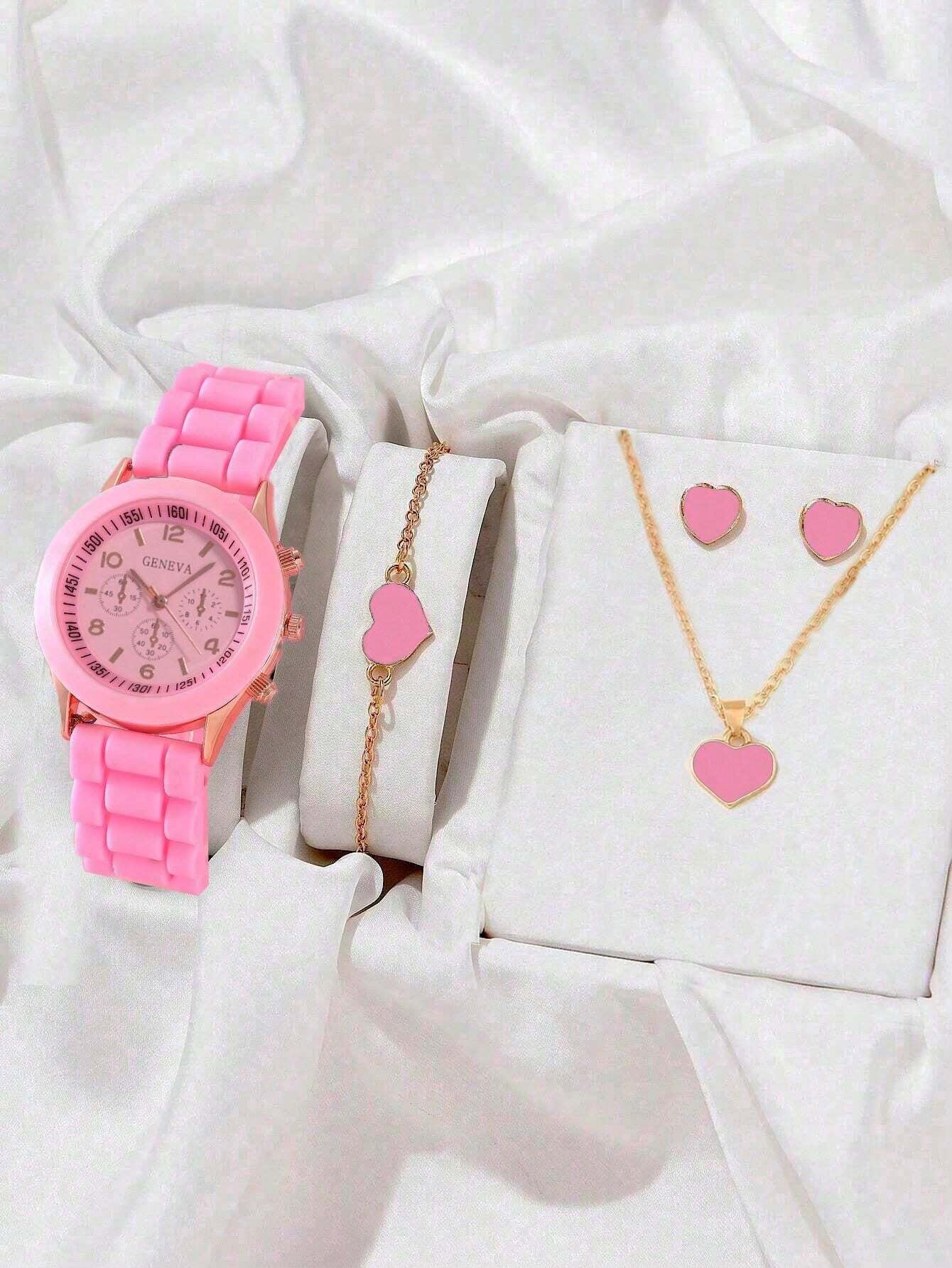 5Pcs Cute Silica Gel Quartz Girls Watch Necklace Bracelet Earrings Jewelry Set Girl Gift Halloween Gift Christmas Carnival School Life