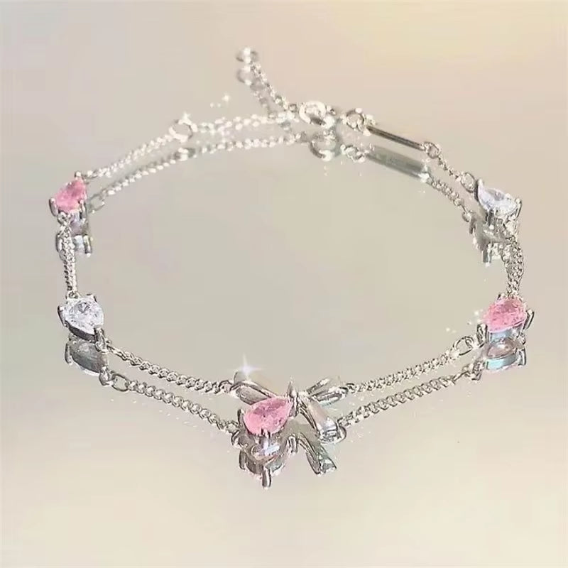 Shiny Pink Crystal Cherry Blossom Bracelets for Women Girls Sweet Moon Bow Flowers Zircon Bracelet Party Aesthetic Egirl Jewelry