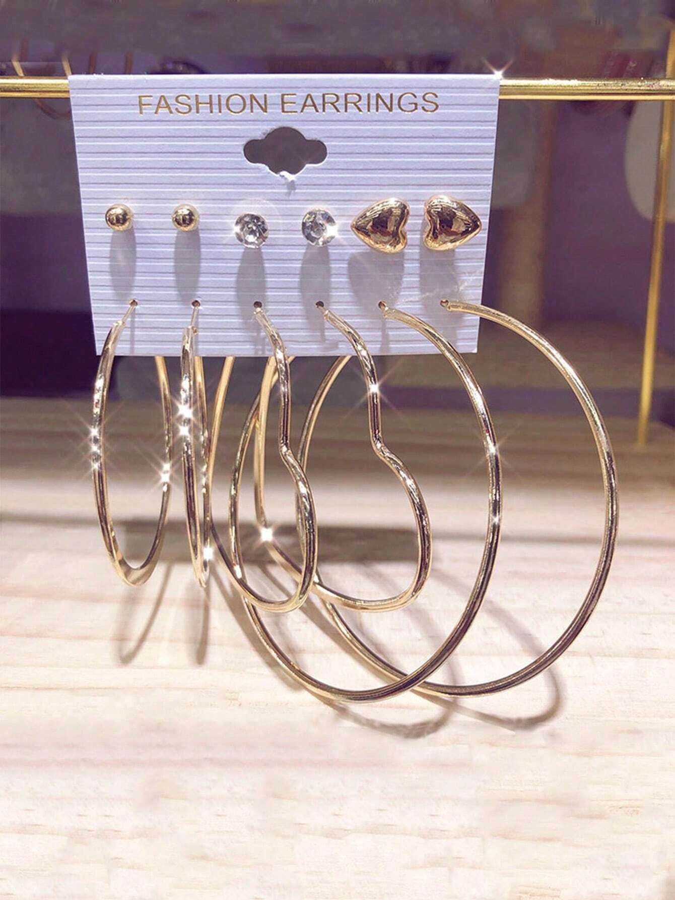 6Pairs Exaggerated Fashion Acrylic Big Tower, C Design & Heart Shaped Earrings Set