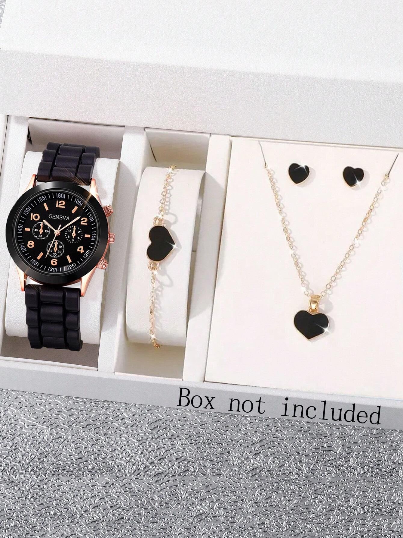 6Pcs Elegant Girls Leather Quartz Watch Necklace Bracelet Earrings Ring Jewelry Set Gift for Girls Birthday Gift for Women Halloween Christmas Gift