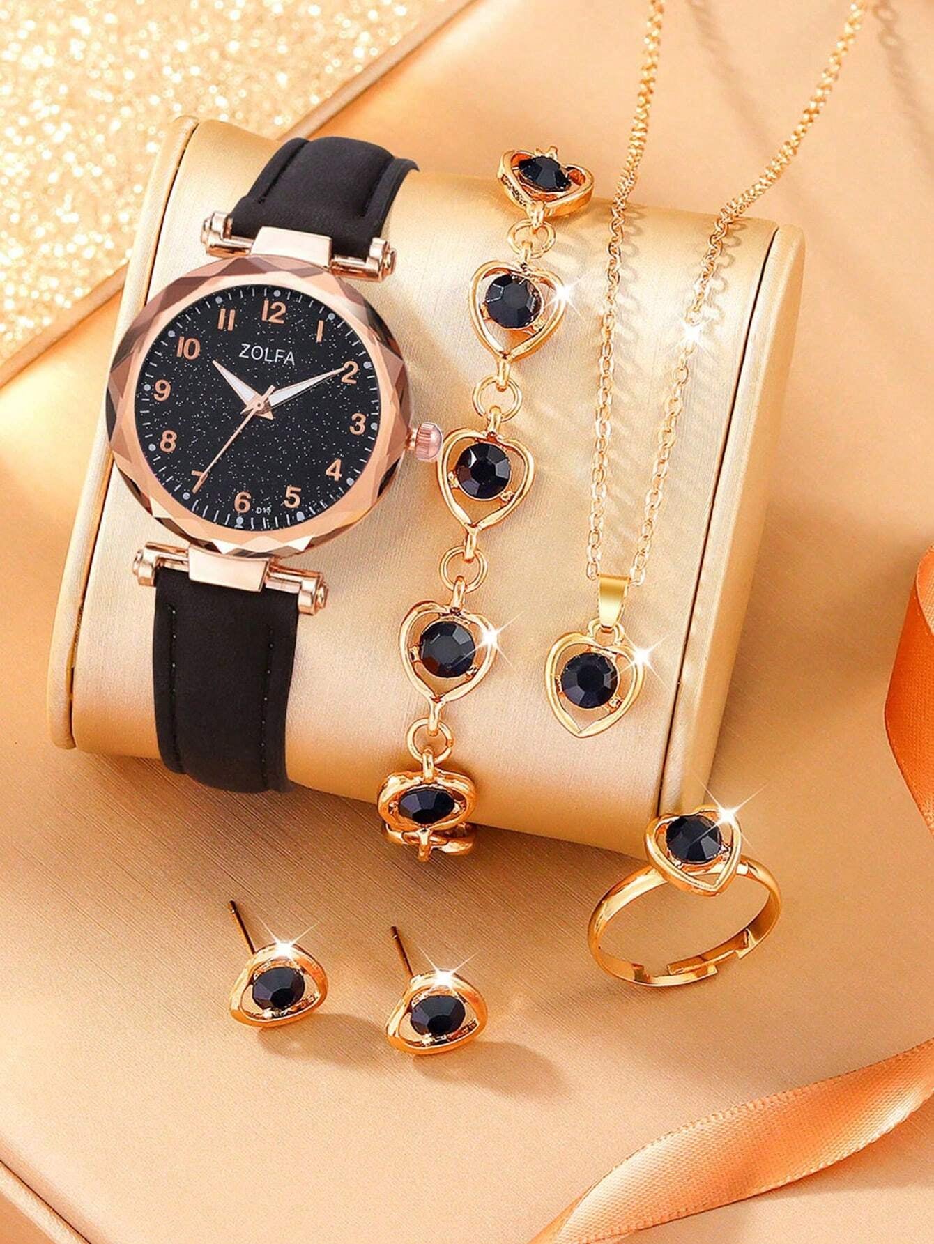 6Pcs Elegant Girls Leather Quartz Watch Necklace Bracelet Earrings Ring Jewelry Set Gift for Girls Birthday Gift for Women Halloween Christmas Gift