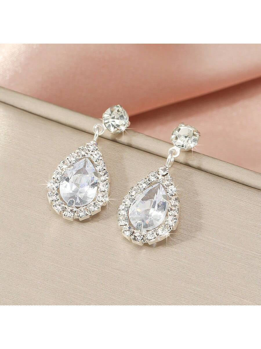 1Pair Fashionable Versatile Rhinestone & Crystal & Cubic Zirconia Teardrop Dangle Earrings, Great Gift for Women'S Dating