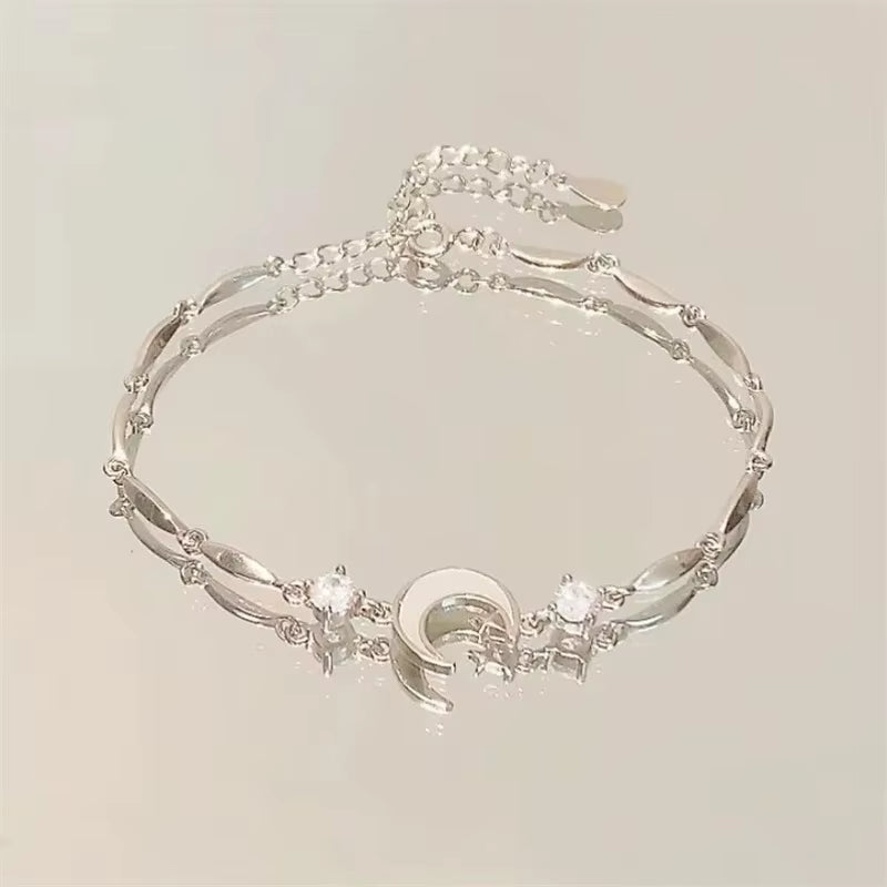 Shiny Pink Crystal Cherry Blossom Bracelets for Women Girls Sweet Moon Bow Flowers Zircon Bracelet Party Aesthetic Egirl Jewelry