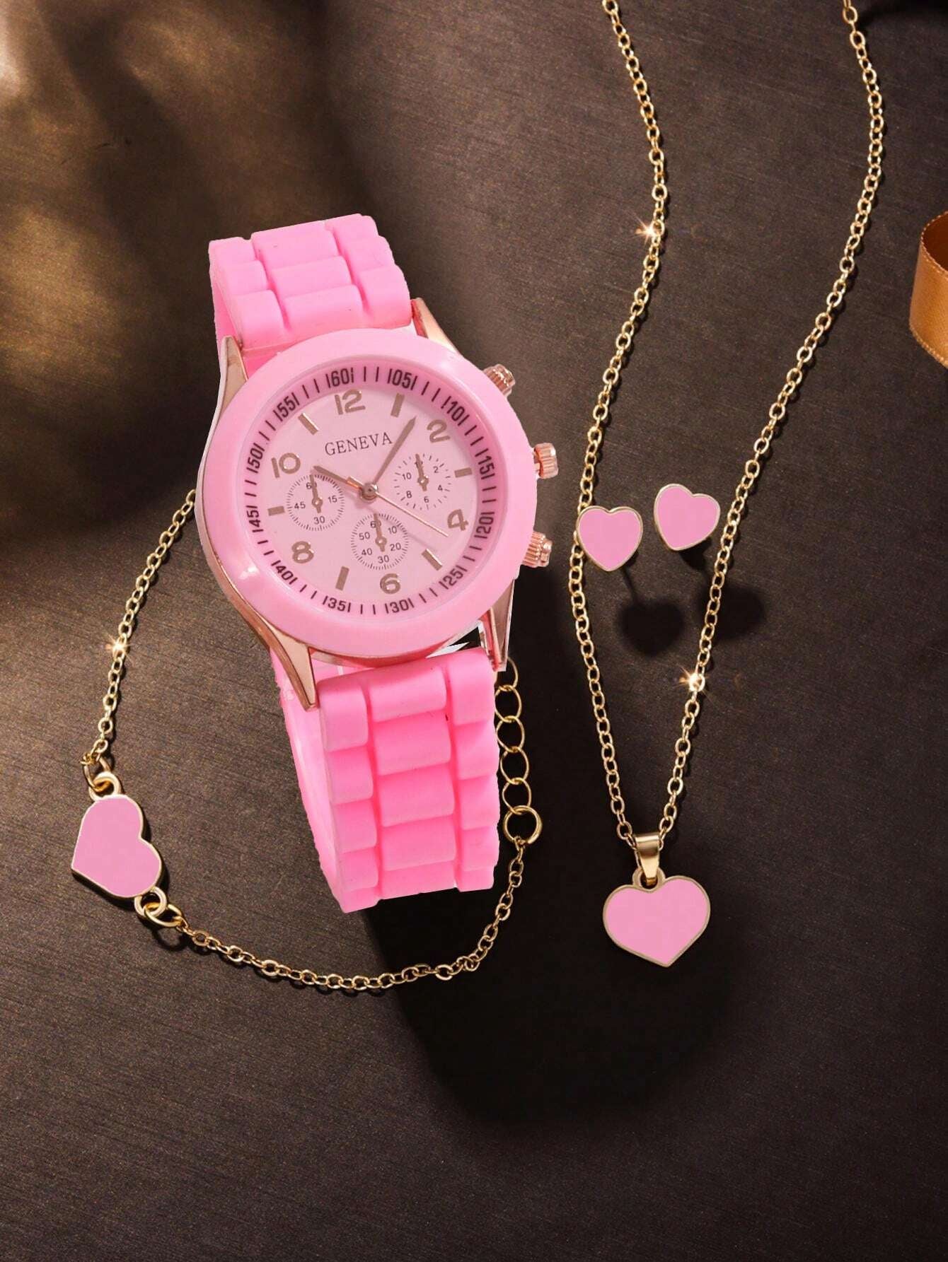 5Pcs Lovely Silica Gel Quartz Girls Watch and Necklace Bracelet Earrings Jewelry Set for Girls Gifts