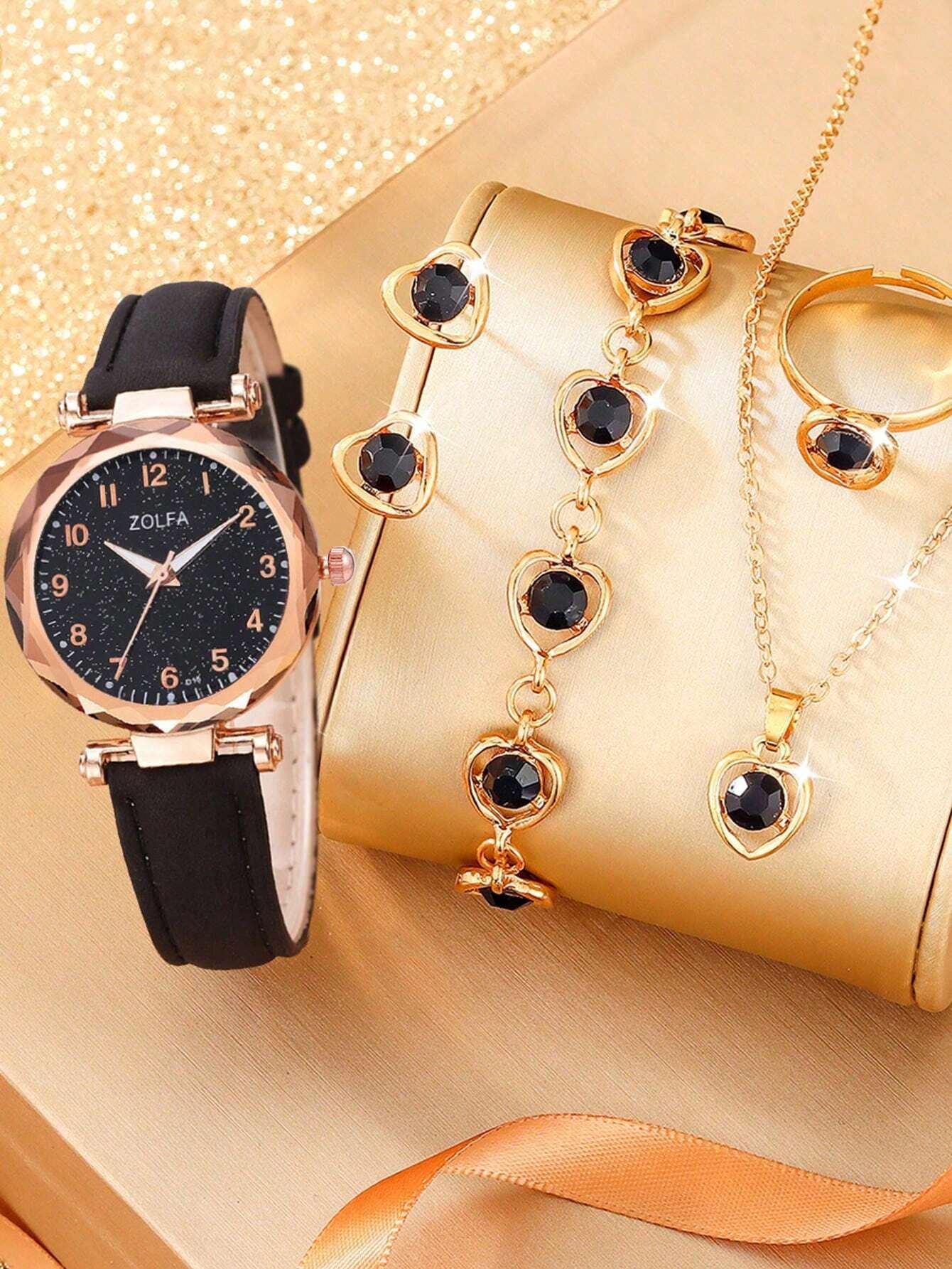 6Pcs Elegant Girls Leather Quartz Watch Necklace Bracelet Earrings Ring Jewelry Set Gift for Girls Birthday Gift for Women Halloween Christmas Gift