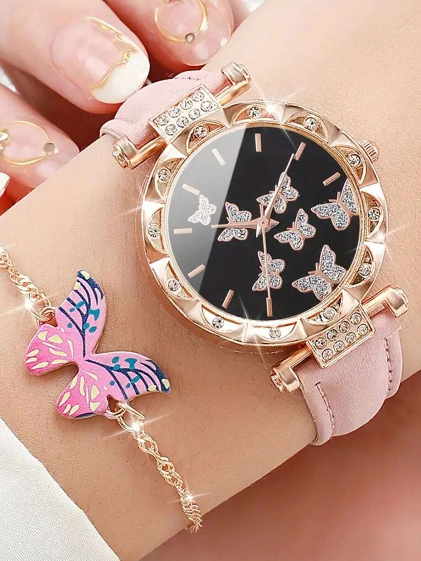 6Pcs Elegant Girls Leather Quartz Watch Necklace Bracelet Earrings Ring Jewelry Set Gift for Girls Birthday Gift for Women Halloween Christmas Gift