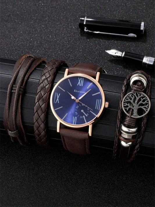 1Pc Men'S Casual Quartz Wristwatch + 3Pcs Fashionable Braided Bracelets as a Gift for Students Returning to School