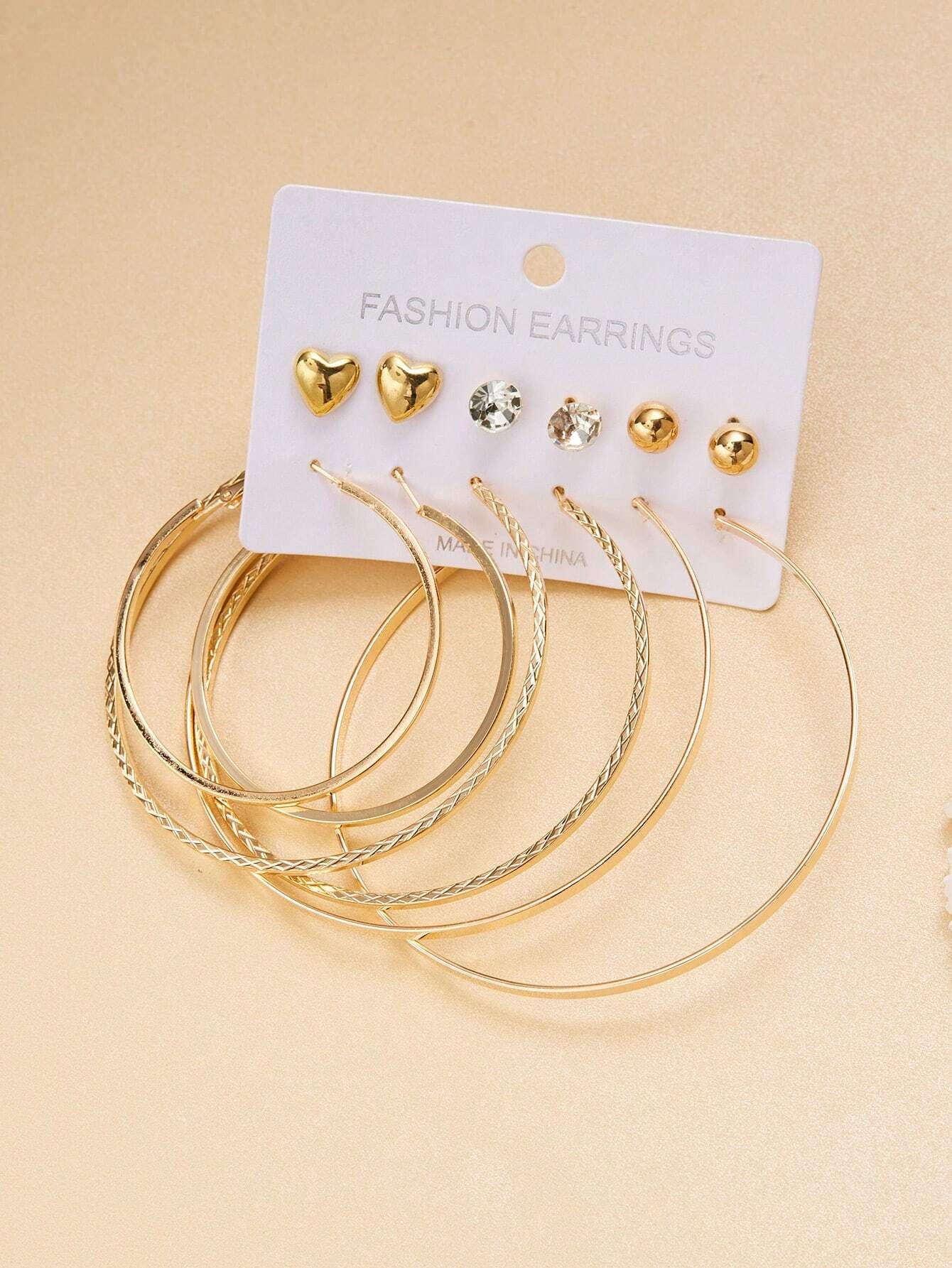 6Pairs Exaggerated Fashion Acrylic Big Tower, C Design & Heart Shaped Earrings Set