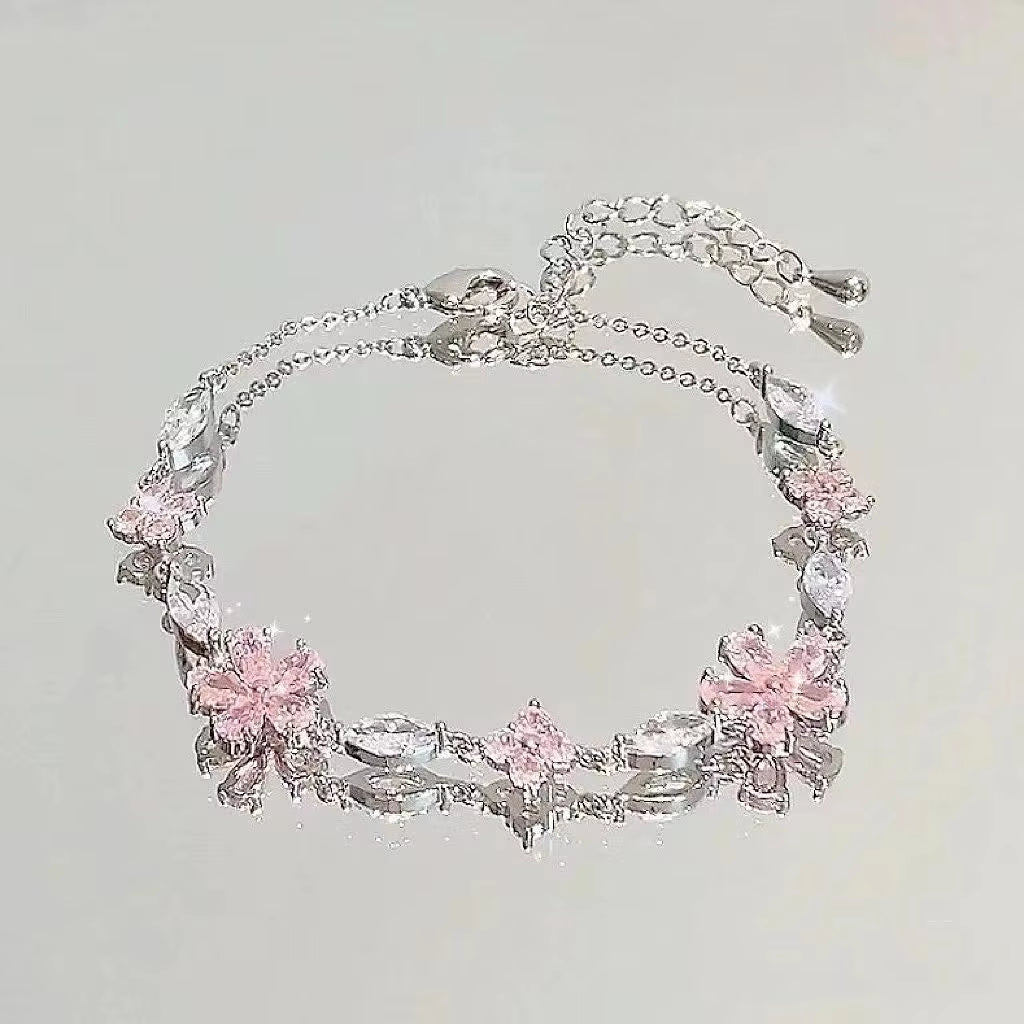 Shiny Pink Crystal Cherry Blossom Bracelets for Women Girls Sweet Moon Bow Flowers Zircon Bracelet Party Aesthetic Egirl Jewelry