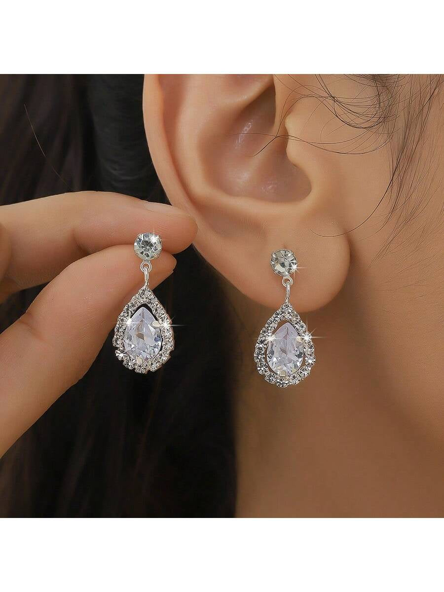 1Pair Fashionable Versatile Rhinestone & Crystal & Cubic Zirconia Teardrop Dangle Earrings, Great Gift for Women'S Dating