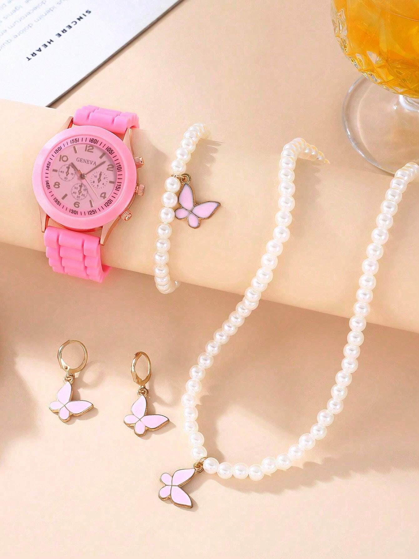 6Pcs Elegant Girls Leather Quartz Watch Necklace Bracelet Earrings Ring Jewelry Set Gift for Girls Birthday Gift for Women Halloween Christmas Gift