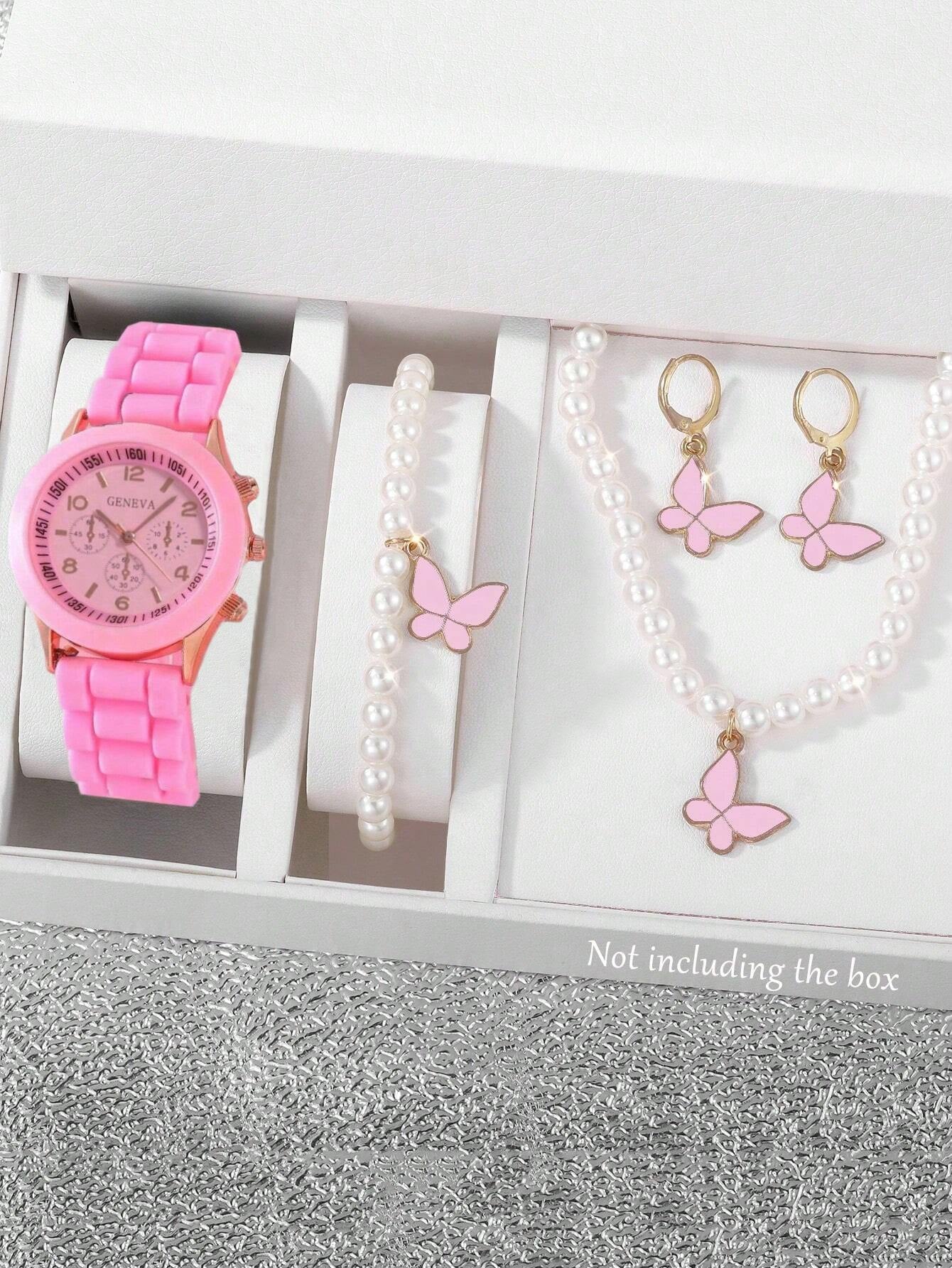 5Pcs Cute Silica Gel Quartz Girls Watch Necklace Bracelet Earrings Jewelry Set Girl Gift Halloween Gift Christmas Carnival School Life