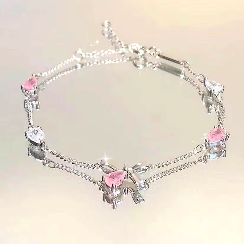Shiny Pink Crystal Cherry Blossom Bracelets for Women Girls Sweet Moon Bow Flowers Zircon Bracelet Party Aesthetic Egirl Jewelry