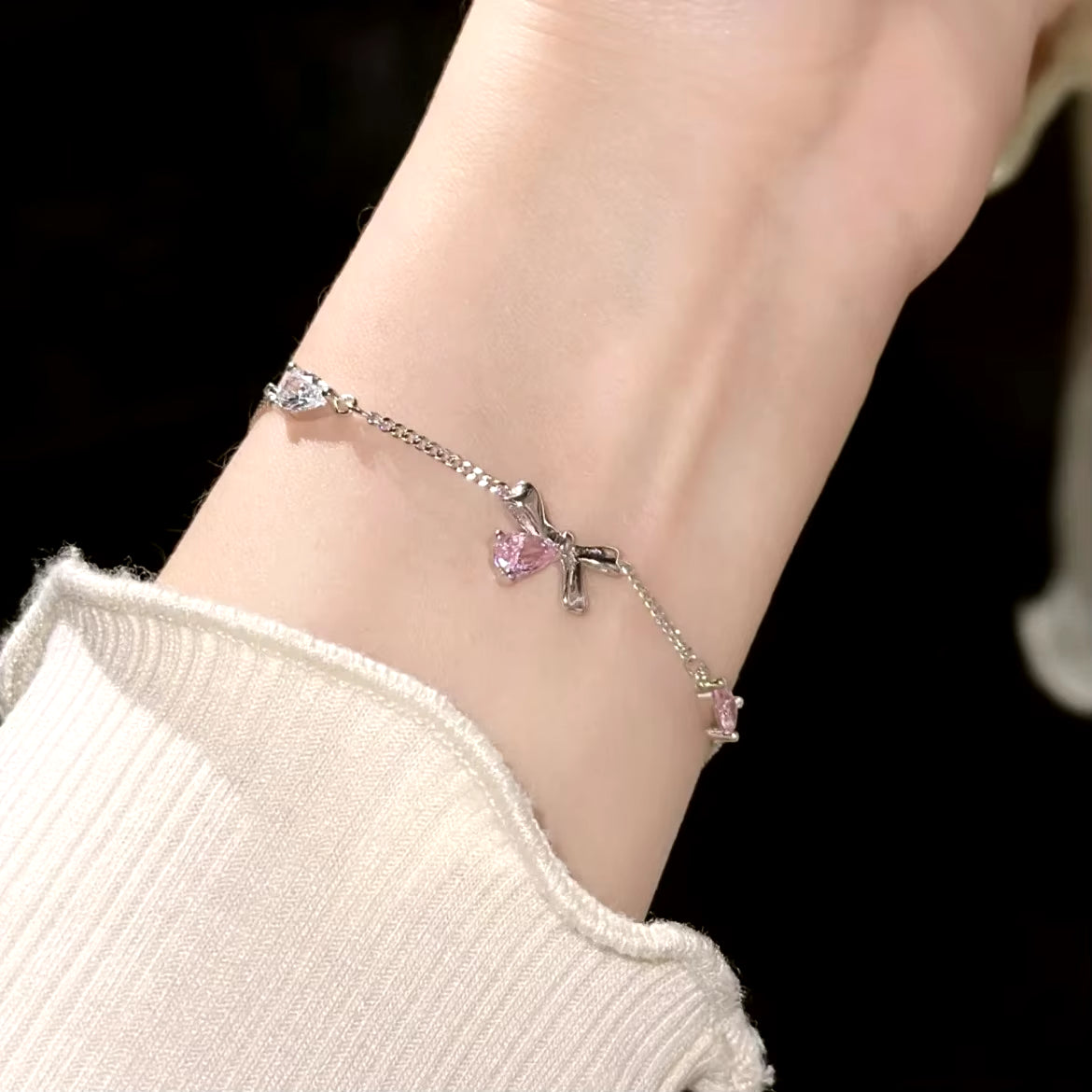 Shiny Pink Crystal Cherry Blossom Bracelets for Women Girls Sweet Moon Bow Flowers Zircon Bracelet Party Aesthetic Egirl Jewelry