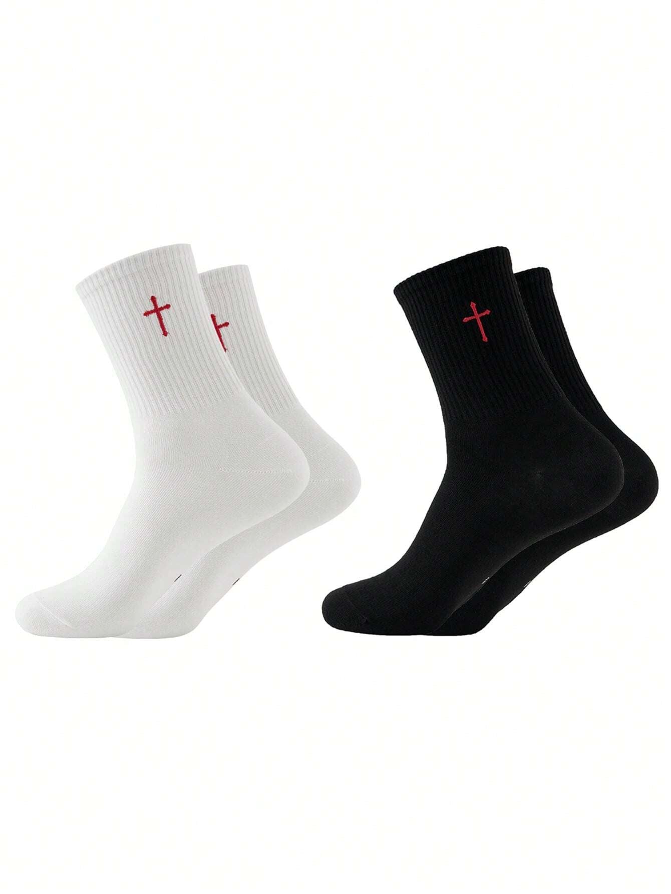 2Pairs Men Cross Embroidered Crew Socks