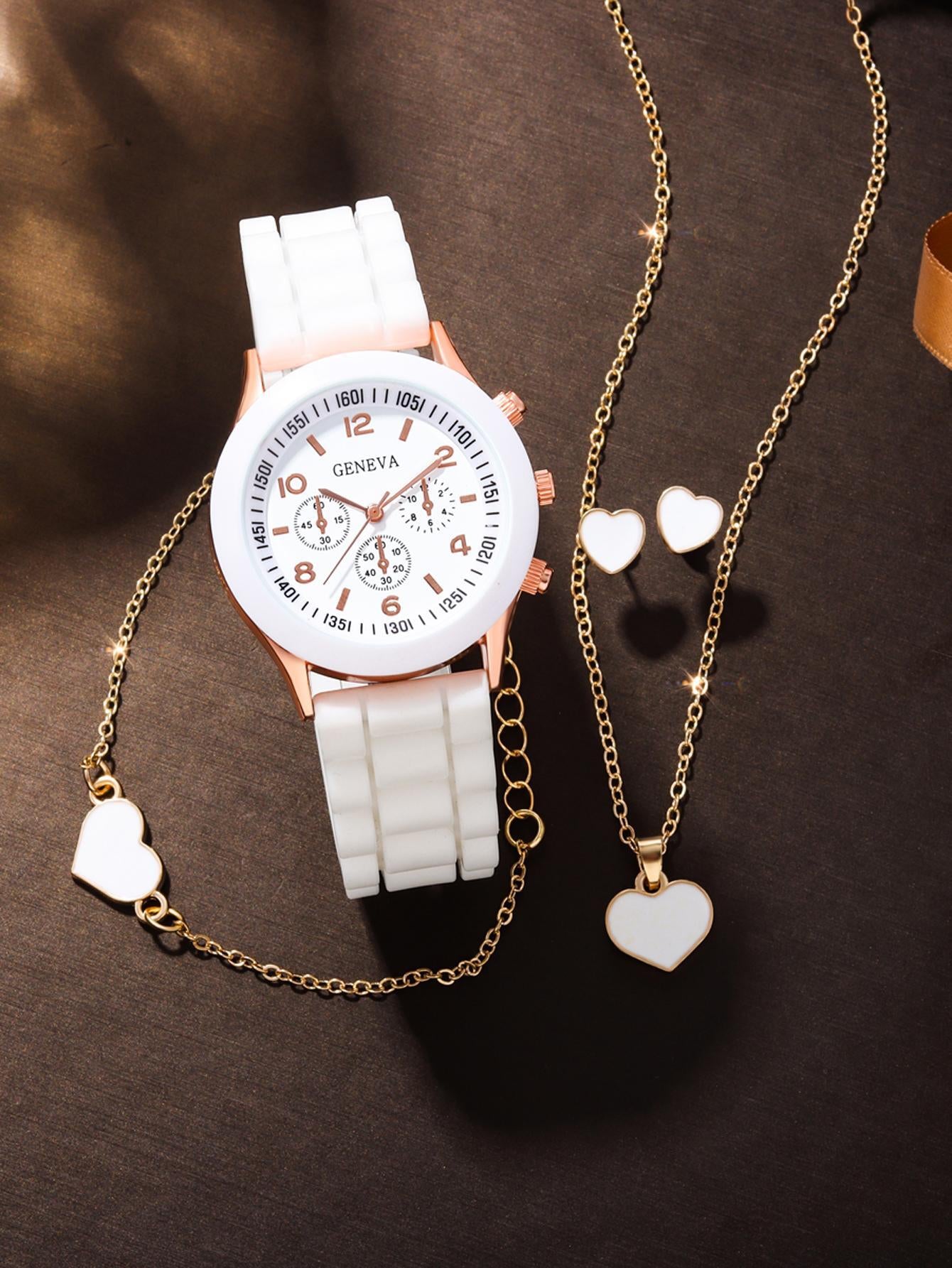 5Pcs Lovely Silica Gel Quartz Girls Watch and Necklace Bracelet Earrings Jewelry Set for Girls Gifts