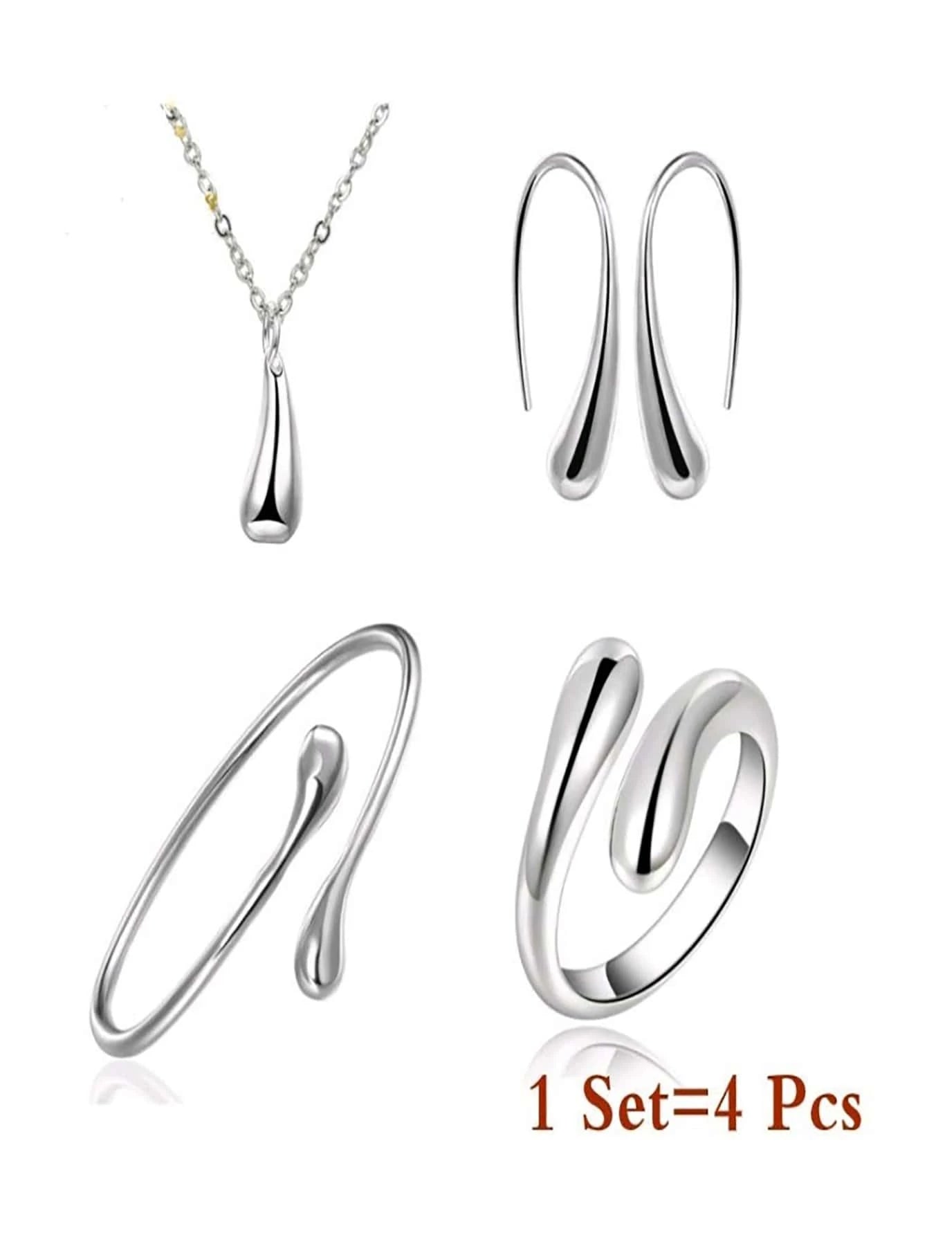 4Pcs/Set Fashion Simple Water Drop Jewelry Ring Earrings Necklace Bracelet Set of Four Stainless Steel Jewelry