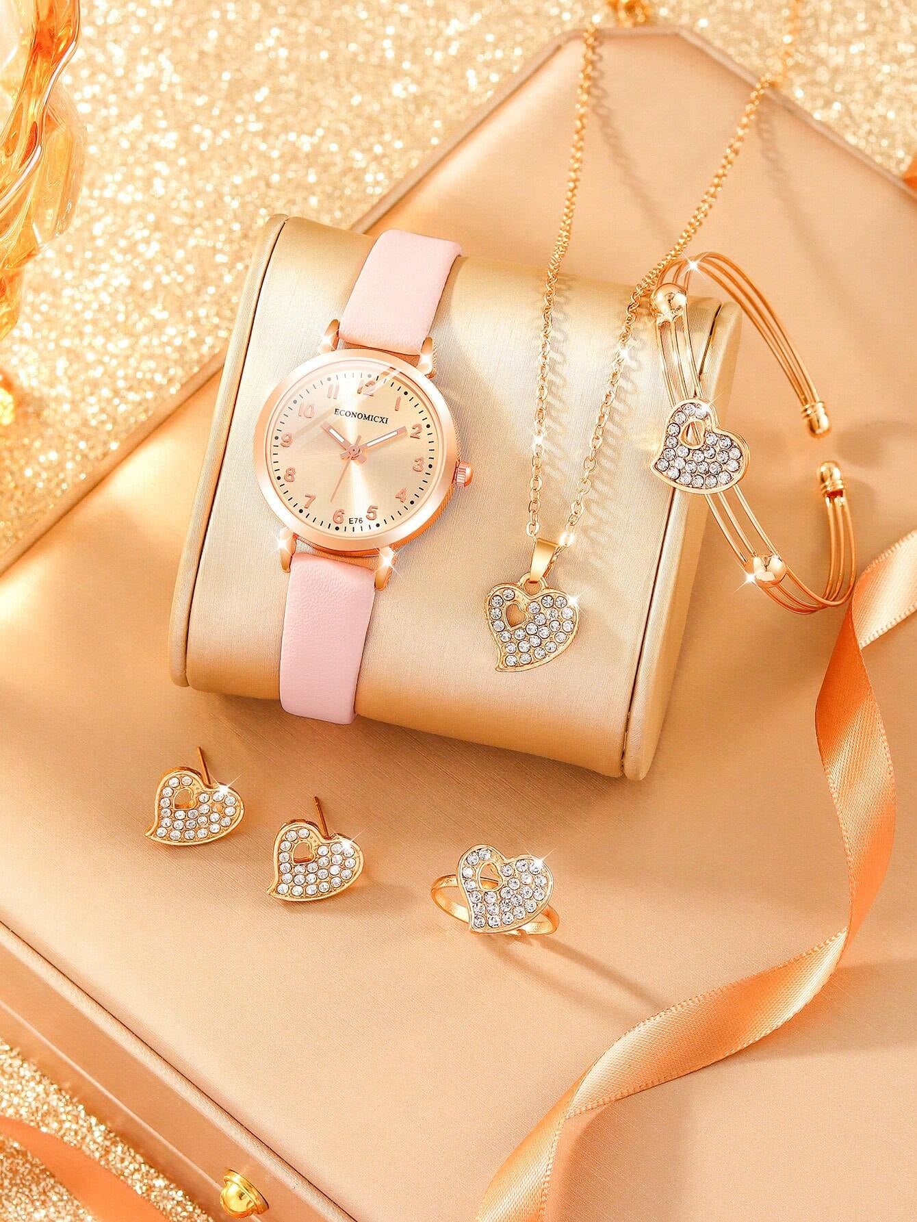 6Pcs Elegant Girls Leather Quartz Watch Necklace Bracelet Earrings Ring Jewelry Set Gift for Girls Birthday Gift for Women Halloween Christmas Gift